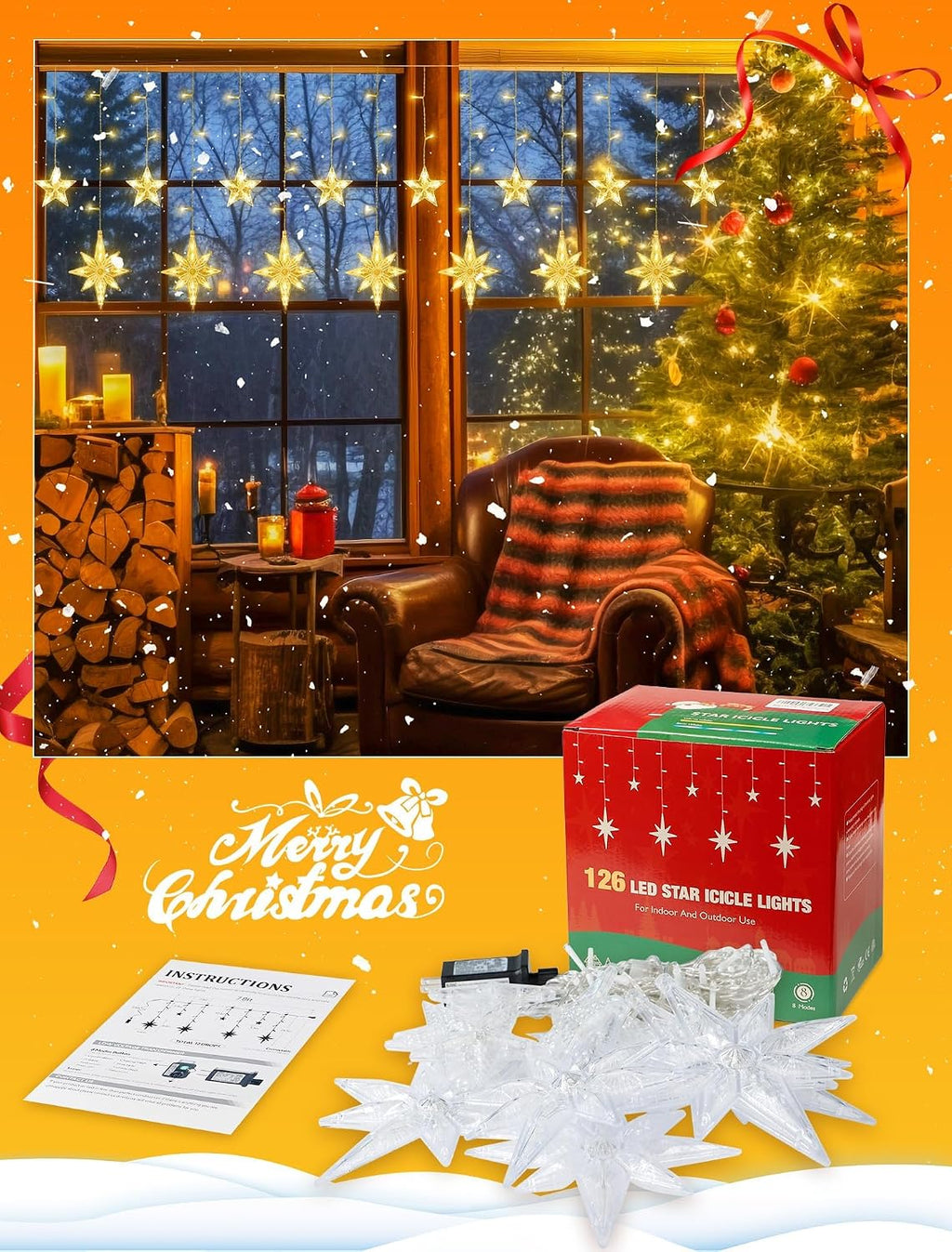 126 LED Star Icicle Lights,7.8ft Window Curtain Lights Plug in