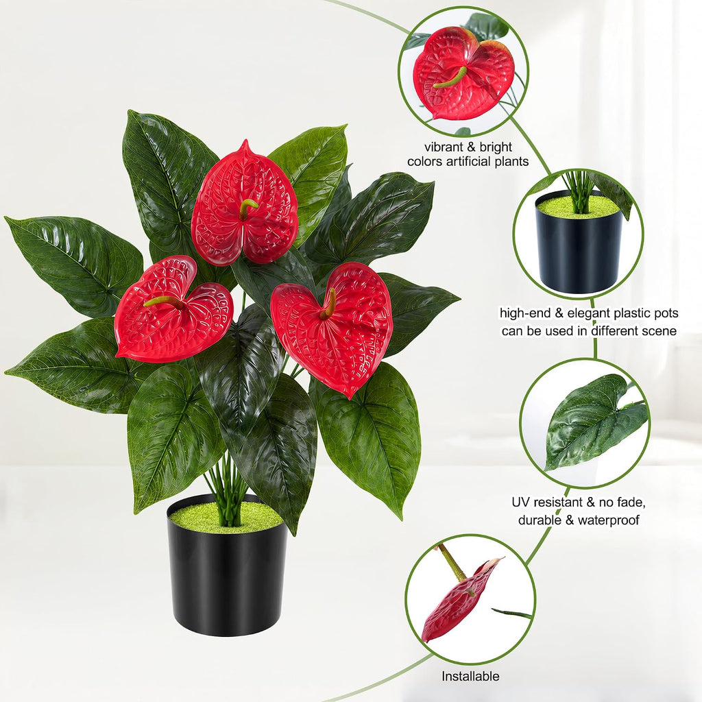 Anthurium Artificial Flowers with Pots, 2 Pack Fake Flowers Potted Faux Outdoor Plants, UV Resistant Realistic Faux Tropical Greenery for Planters Inside Porch Patio Yard (Red, 21.6")