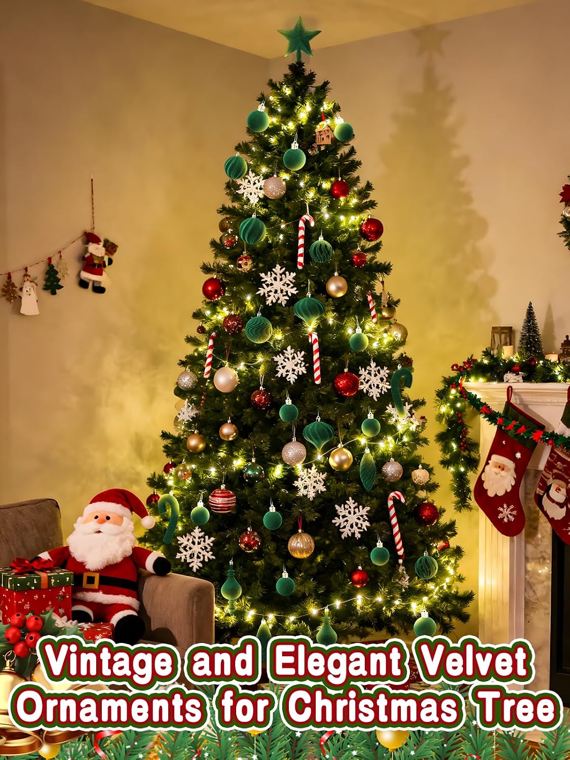 Acostop Green Velvet Star Christmas Tree Topper & Ornaments Set, 30Pcs