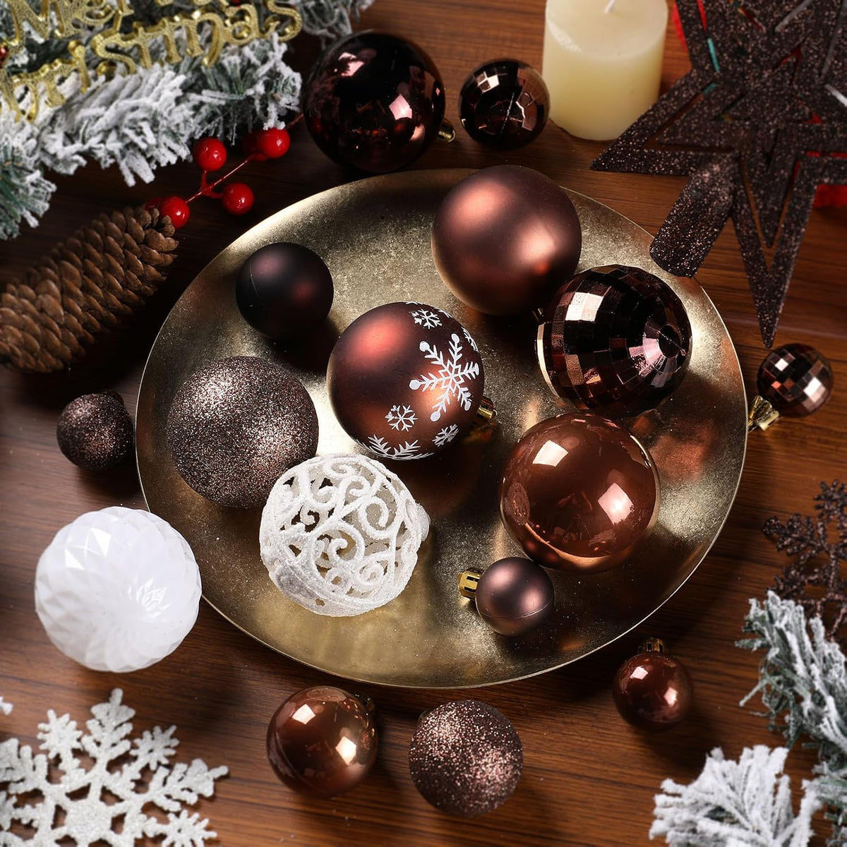 95Pcs Christmas Ball Ornaments Set,Neutral Christmas Tree Decoration Gift, Seasonal Decorative Hanging Ornament Set with Hand-held Gift Package for Xmas Tree (Coffee)