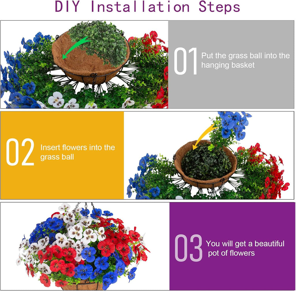 lovemoon 2 Sets Artificial Hanging Pansies Flowers with Baskets, 24 Pcs Faux Patriotic Silk Pansy Outdoor Flower for Porch Patio Garden Home Summer 4th of July Decor (2, RedWhiteBlue)