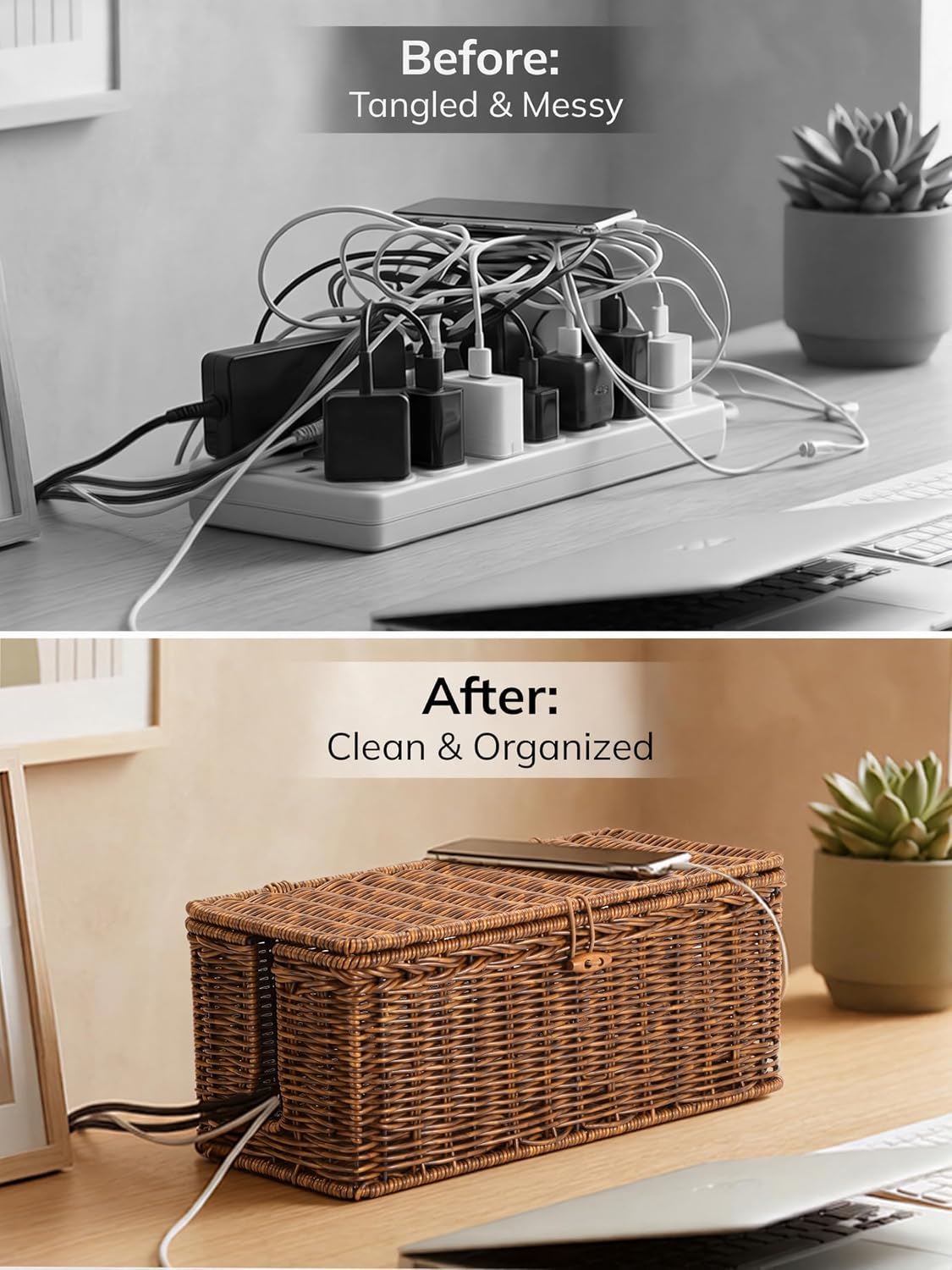 BROWNLILY Cable Management Box, Rattan Style Cord Organizer for Desk Cord Hider Outlet Covers for Power Strip Router Charger Under Desk Storage with Lockable Lid & Cable Ties(Braided Edging,Brown,Set)