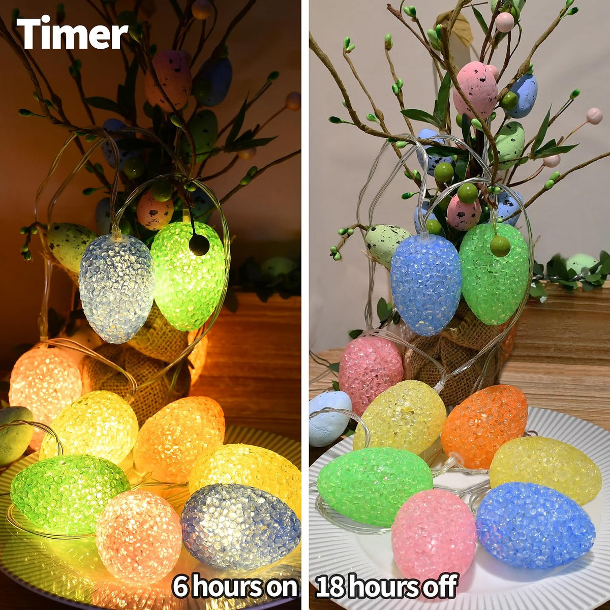 YOLIGHT Easter Decorations Egg Lights Fairy Light Battery Operated with Timer, 6.5ft 10 LED Easter Lights String for Table Home Tree Mantel Party Décor, Indoor & Outdoor