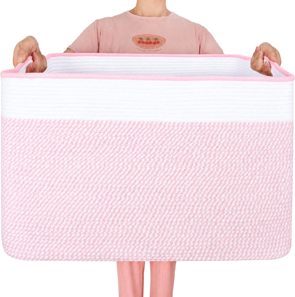 MINTWOOD Design 112L Extra Large Blanket Basket Holder Living Room, 25"x17"x16" Rectangle Rope Woven Storage Basket with Handles for Laundry, Towels, Shoes, Dog Toy Organizer Bin Box, Light Pink