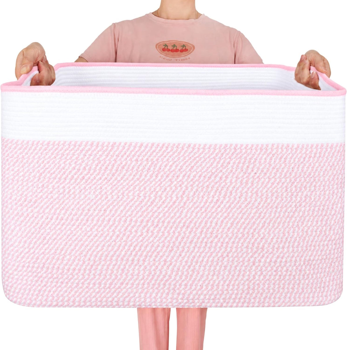 MINTWOOD Design 112L Extra Large Blanket Basket Holder Living Room, 25"x17"x16" Rectangle Rope Woven Storage Basket with Handles for Laundry, Towels, Shoes, Dog Toy Organizer Bin Box, Light Pink
