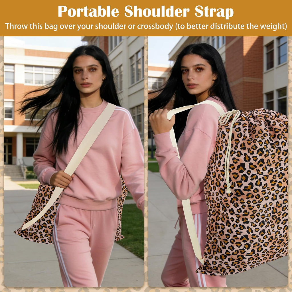 Canvas Laundry Bag with Shoulder Strap & Drawstring, Leopard, 23"W x 29"H