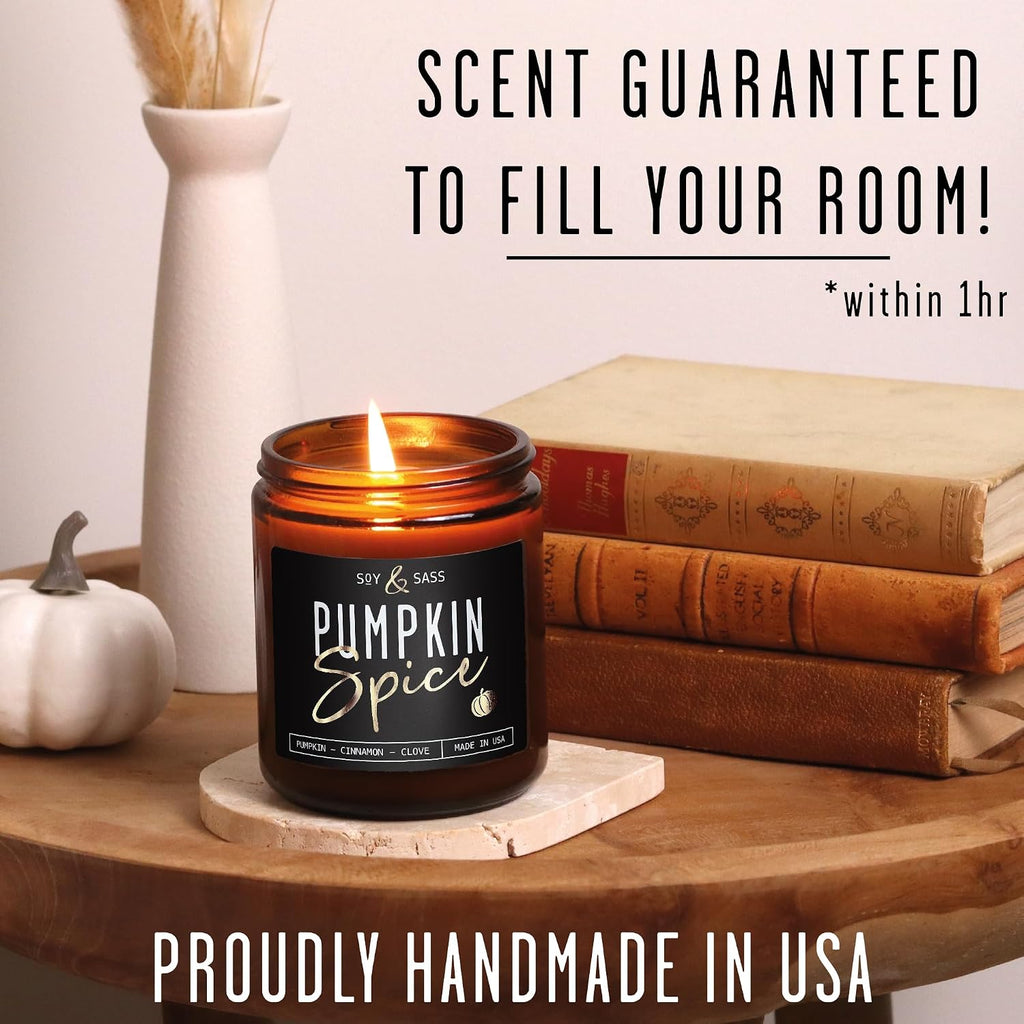 Pumpkin Spice Candle, Fall Candles - 'Pumpkin Spice' Pumpkin Candle I Infused w/Essential Oils I Autumn Scented Soy Candles for Home I Fall Home Décor I 9oz Reusable Jar, 50Hr Burn, Made in USA