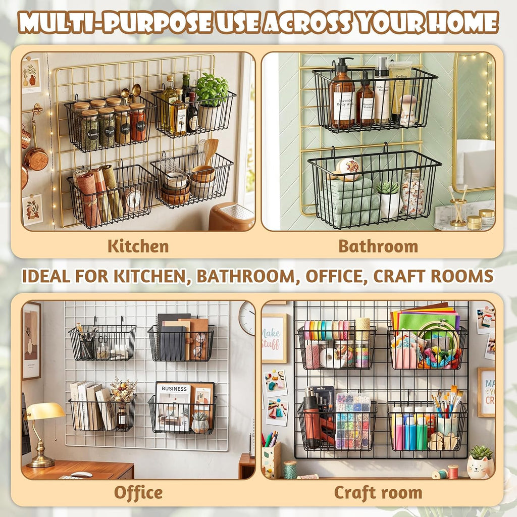 10 PCS Wire Baskets Wall Grid Panel Hanging Wire Basket Hanging Wall Baskets No Drilling Wall Hanging Baskets Grid Wall Storage Basket for Kitchen Bathroom Home Decor Supplies Large