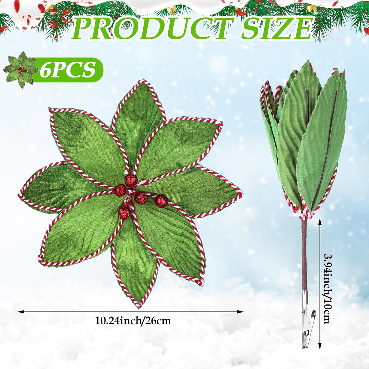 Thiccywoov 6 Pcs Green Peppermint Edge Christmas Poinsettia Stem 10.24 x 3.94 Inch Silk Velvet Artificial Fake Poinsettia Flowers Blooms for Christmas Trees and Holiday Decorations
