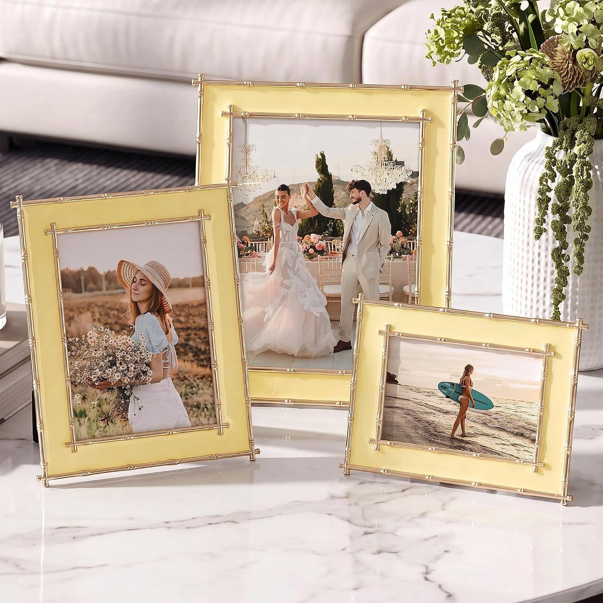 4x6 Picture Frame Yellow Enamel, Gold Bamboo Design Edge, Tabletop, 1pc