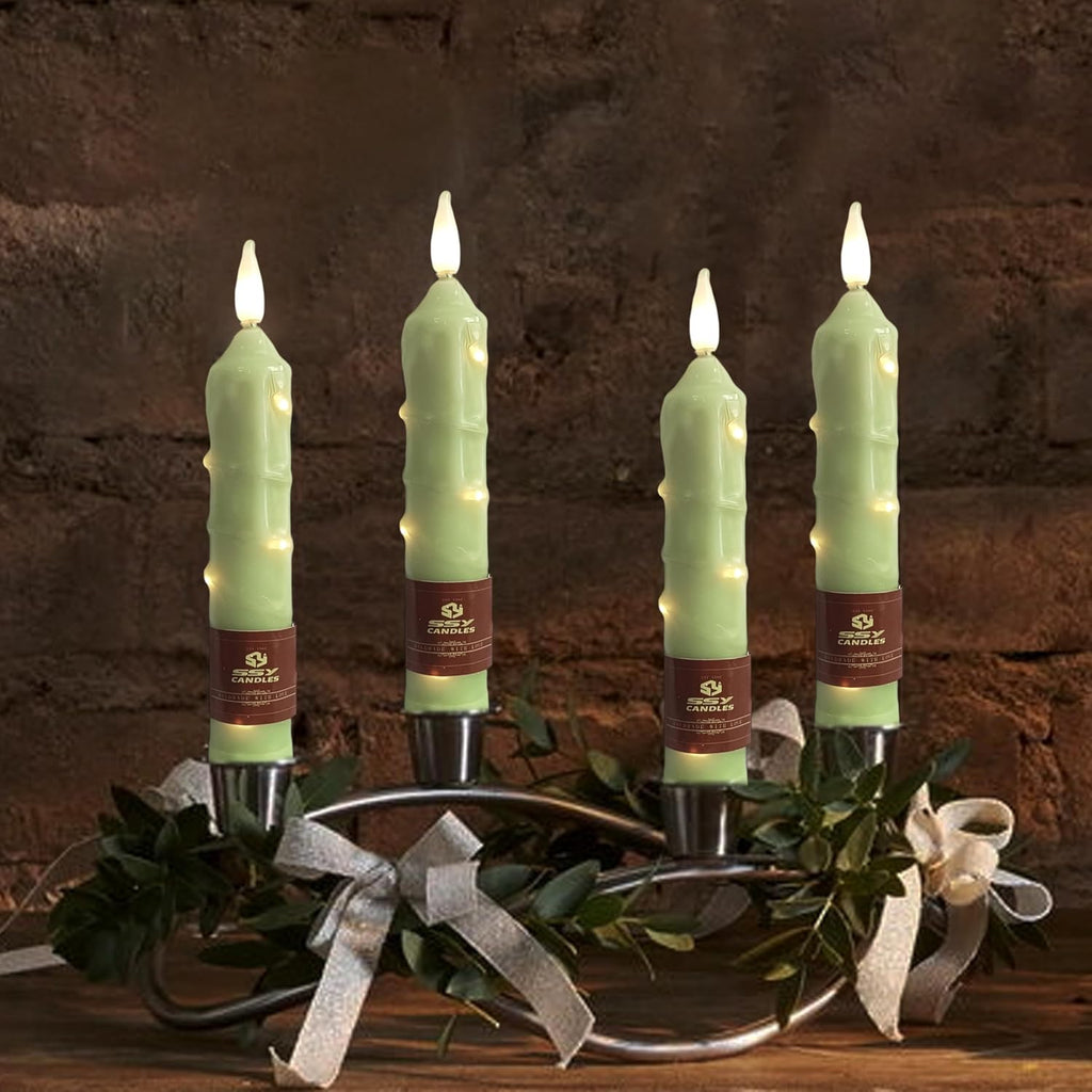6.5 inch Green Flameless Candle with String Light Window Candles with Remote Timer Battery Operated Taper Candle LED Taper Candles Set of 4