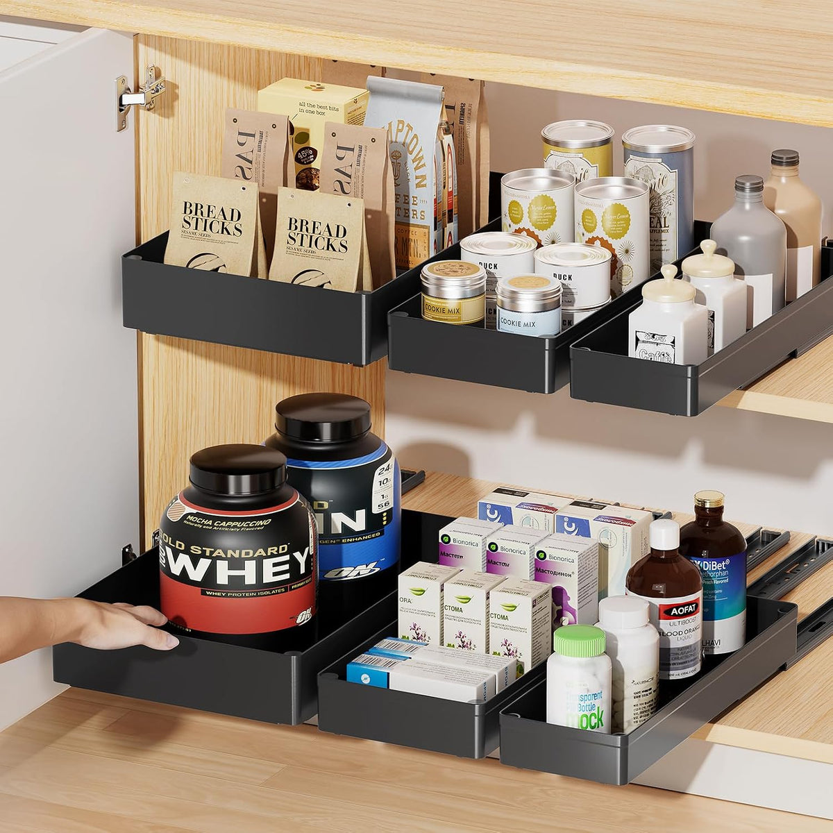 Delamu 3 Pack Pull Out Cabinet Organizer, 15.7" Deep Pull Out Drawers for Cabinets, Slide Out Drawers for Kitchen Cabinets, Bathroom Cabinet Organizer, Pantry (Black)