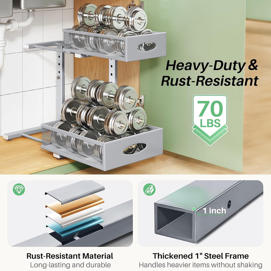 Under Sink Organizer, 2-Pack Pull Out Cabinet Organizer 2 Tier Metal Slide Out Storage Shelf Rack, L-Shaped Adjustable Height,Mesh Sliding Drawer for Kitchen, Bathroom, Laundry, Pantry, Grey, XL