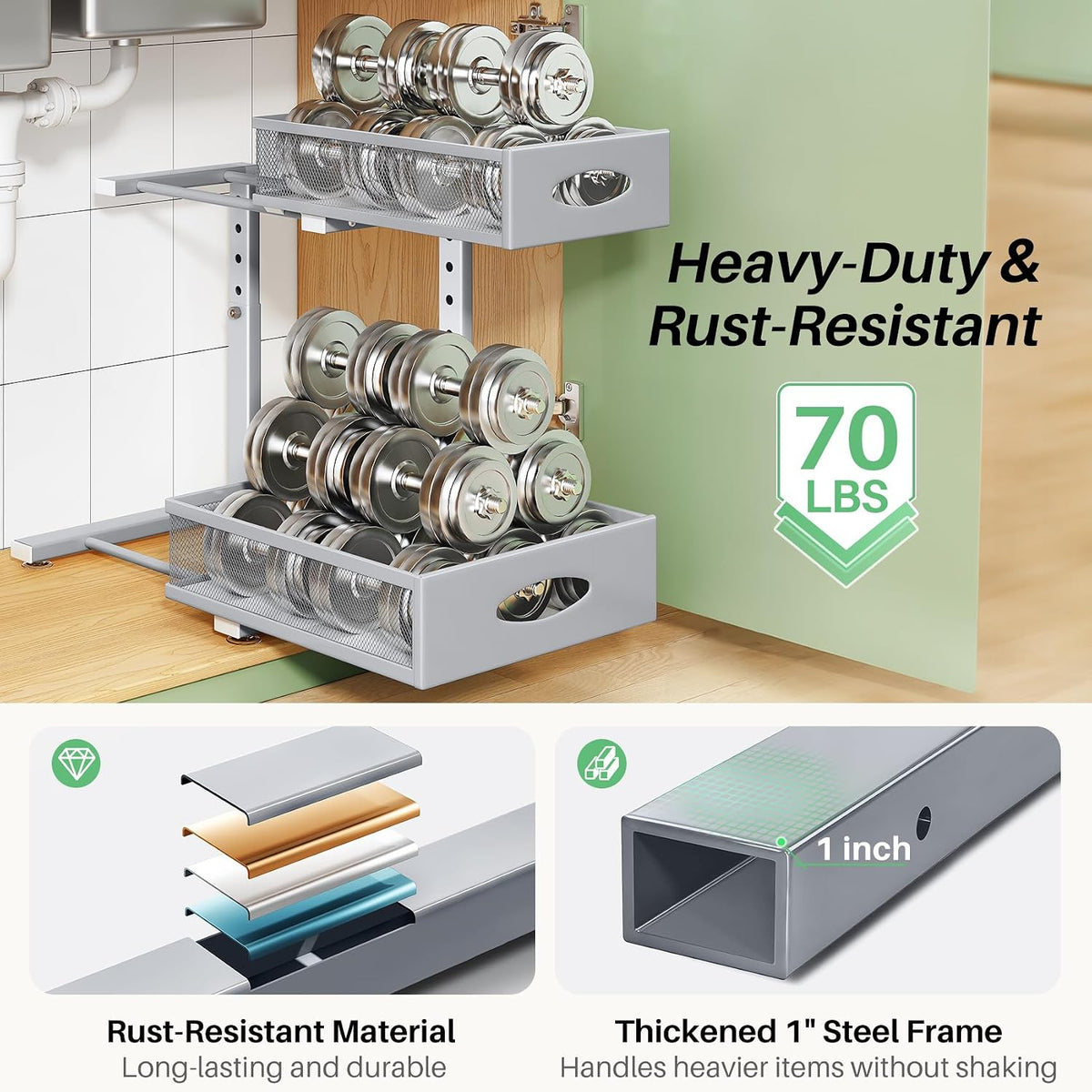 Under Sink Organizer, 2-Pack Pull Out Cabinet Organizer 2 Tier Metal Slide Out Storage Shelf Rack, L-Shaped Adjustable Height,Mesh Sliding Drawer for Kitchen, Bathroom, Laundry, Pantry, Grey, XL