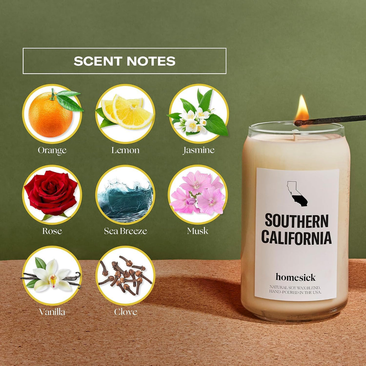 Homesick Scented Candles for Home (Southern California) - 13.75 oz Long-Lasting Soy Wax Jar Candle for Women & Men for All Occasions, 60-80 Hours Burn Time - Notes of Orange, Lemon & Rose