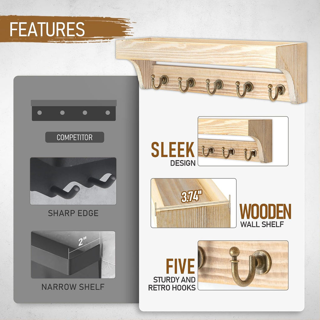 Rebee Vision Key Holder Wall Mount with Shelf for Room Decor, Natural Wood