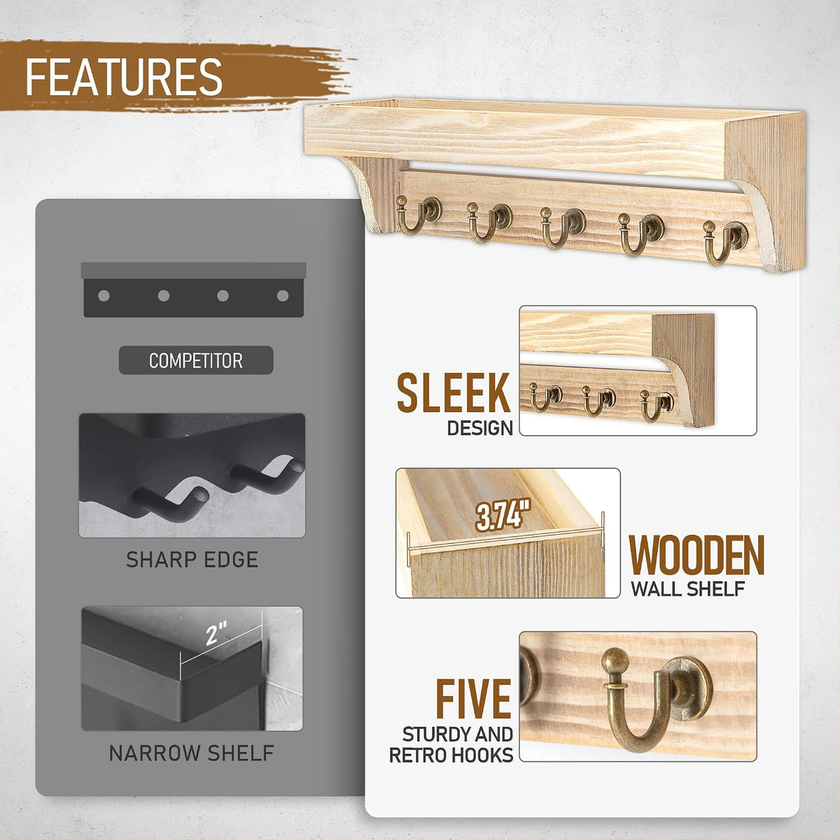 Rebee Vision Key Holder Wall Mount with Shelf for Room Decor, Natural Wood