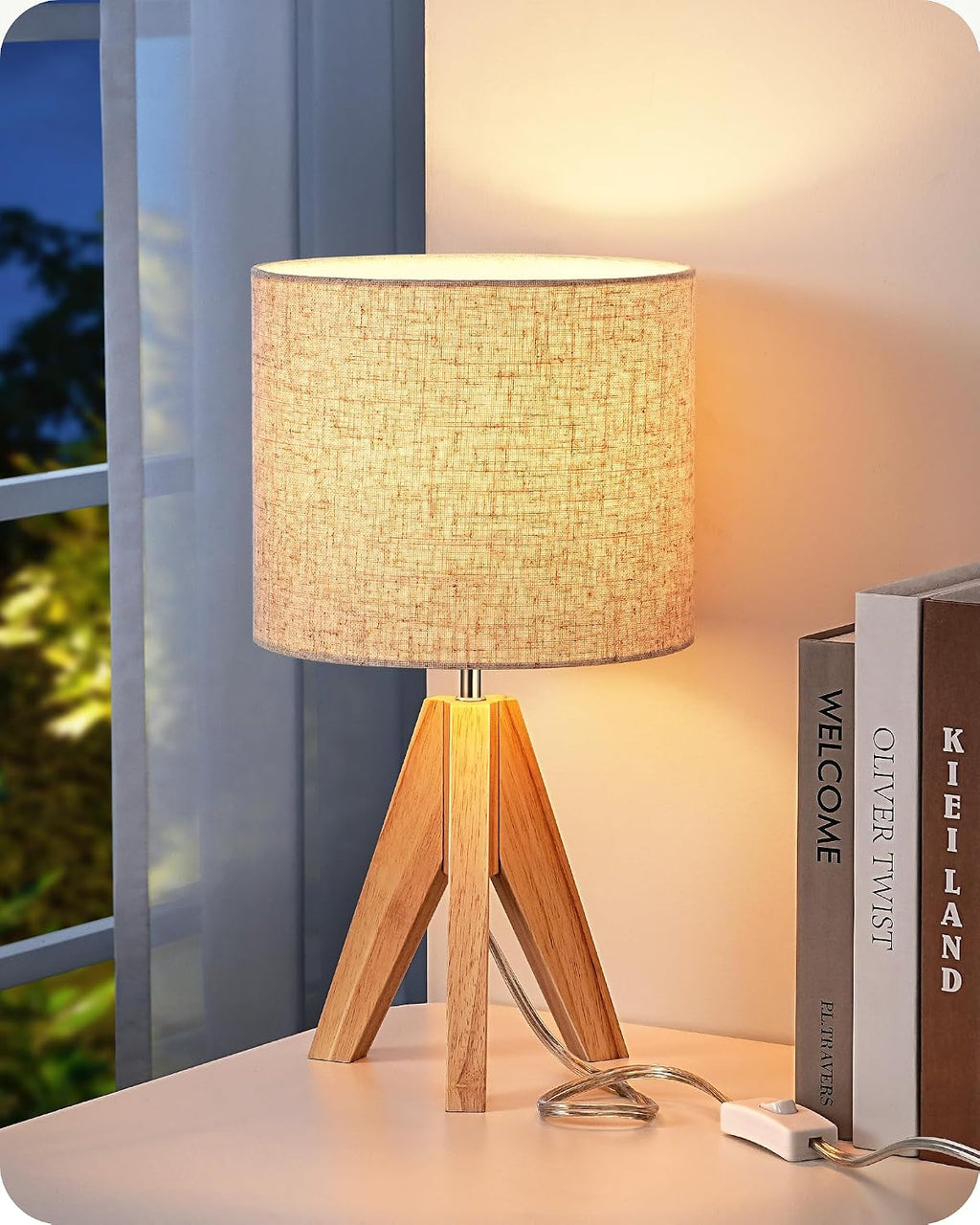 EDISHINE Small Table Lamp, Boho Bedside Lamp, Linen Fabric Shade, 14.2 Inch