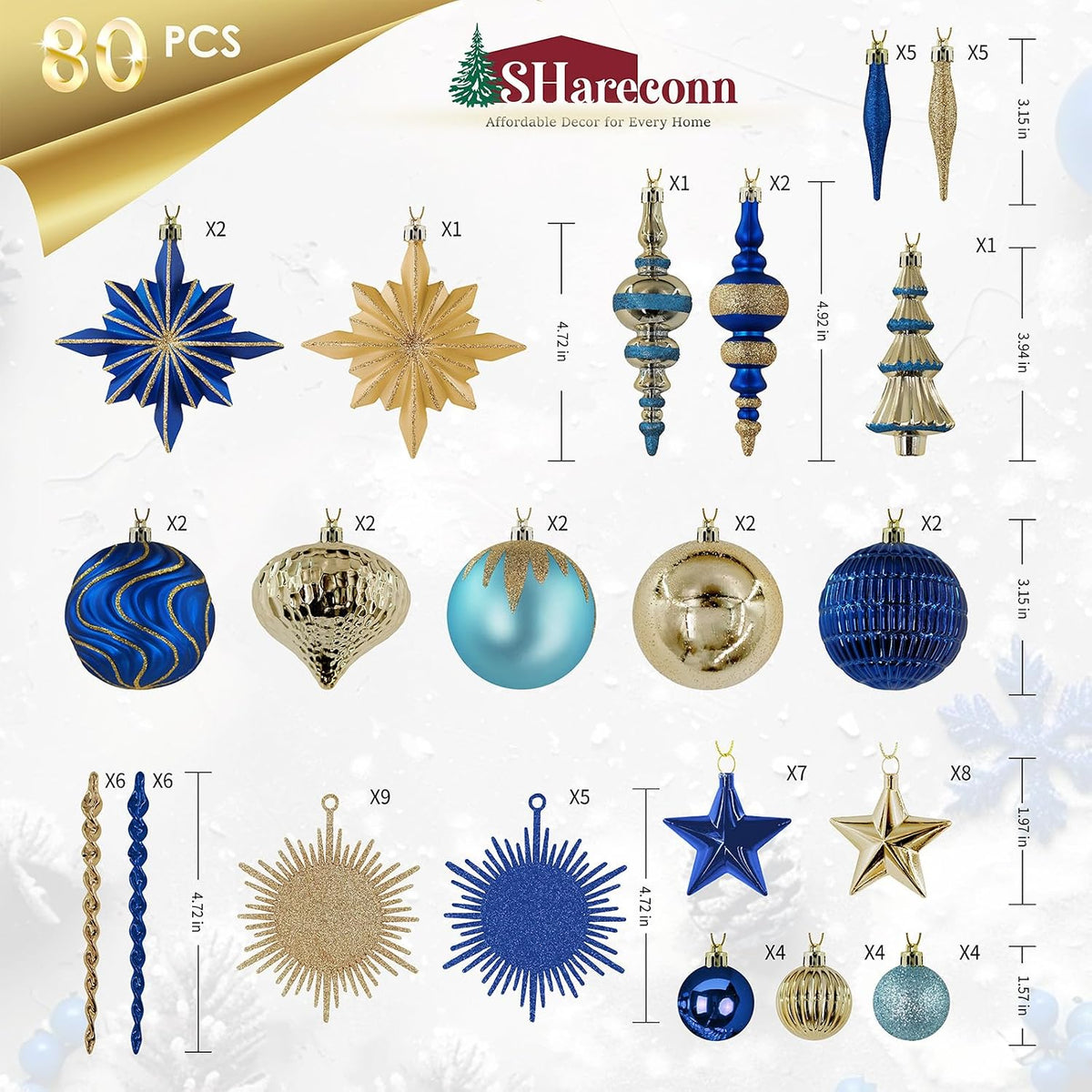 SHareconn 80Pcs Christmas Tree Ornaments Set Christmas Tree Decorations