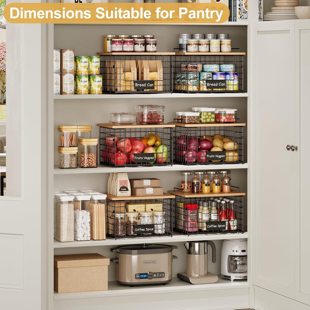 2-Pack Stackable Wire Baskets with 2 Pads & Bamboo Top, Pantry Organizer