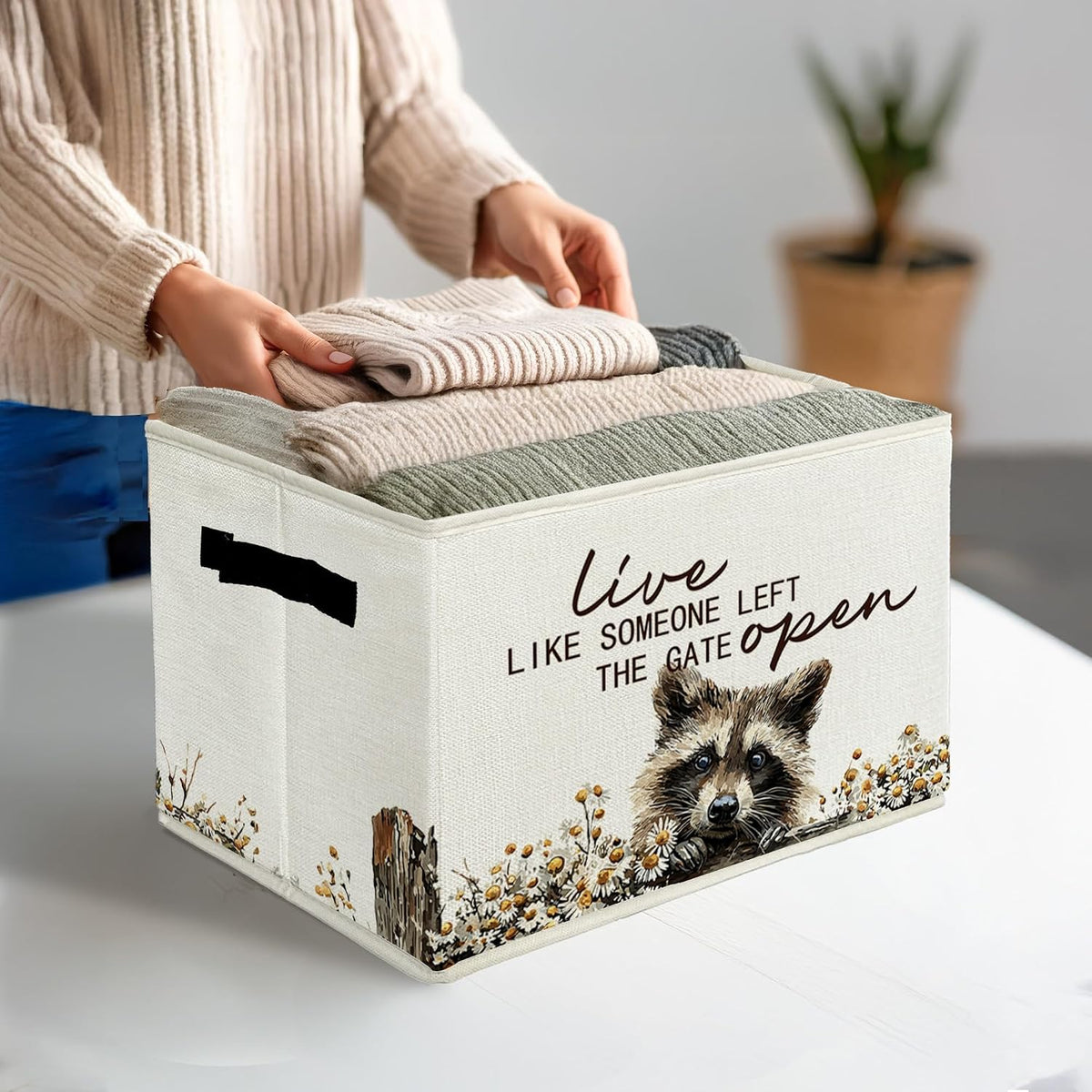 Rustic Raccoon Storage Bins & Boxes with Handles, Farmhouse Raccoon Foldable Basket for Organizing, Live Like Someone Left the Gate Open Collapsible Storage Basket for Bedroom Bathroom Clothes