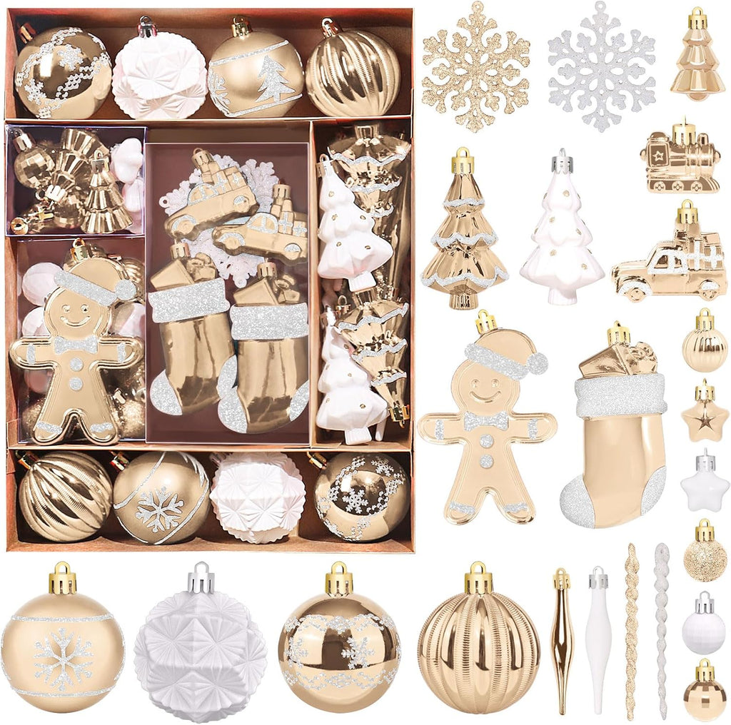 FestiveBliss Christmas Ornaments 71 Count, Champagne & White