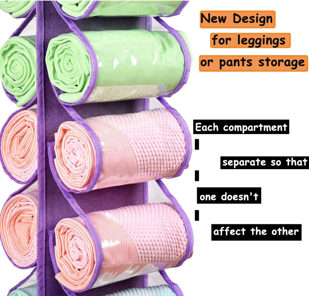Legging Storage Bag Storage Hanger Can Holds 24 Leggings or Shirts Jeans Compartment Storage Hanger, Foldable Leggings Organizer Clothes Portable Closets Roll Holder (Purple)
