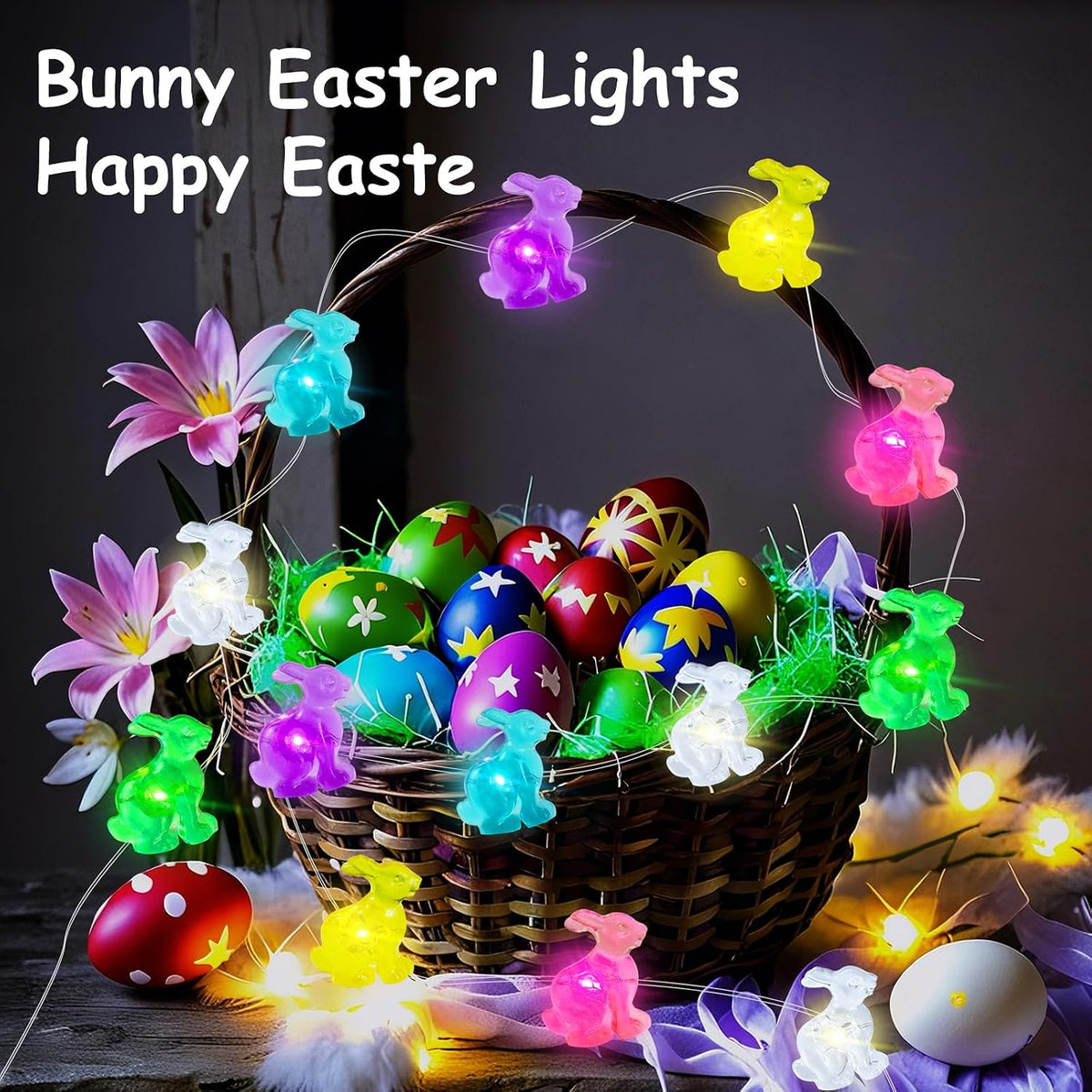 AIKEI Easter Decorative String Lights 2 Pack, 16FT 50LED Colorful Bunny Fairy Lights Battery Operated, Waterproof Rabbit Shaped String Light for Home Indoor Outdoor Spring Easter Party Decoration