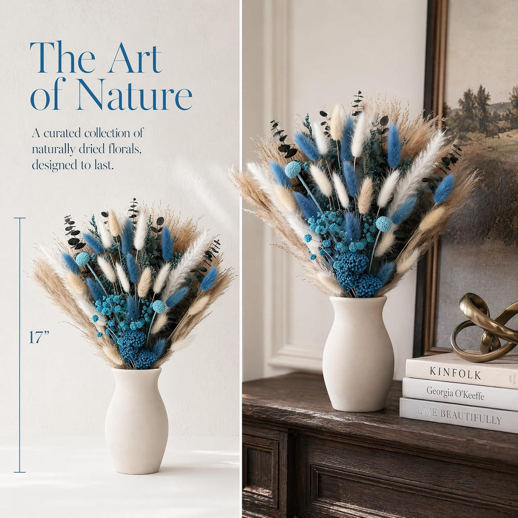 Umero Blue Pampas Grass Bouquet - 17in Dried Flower for Vase Boho Decor