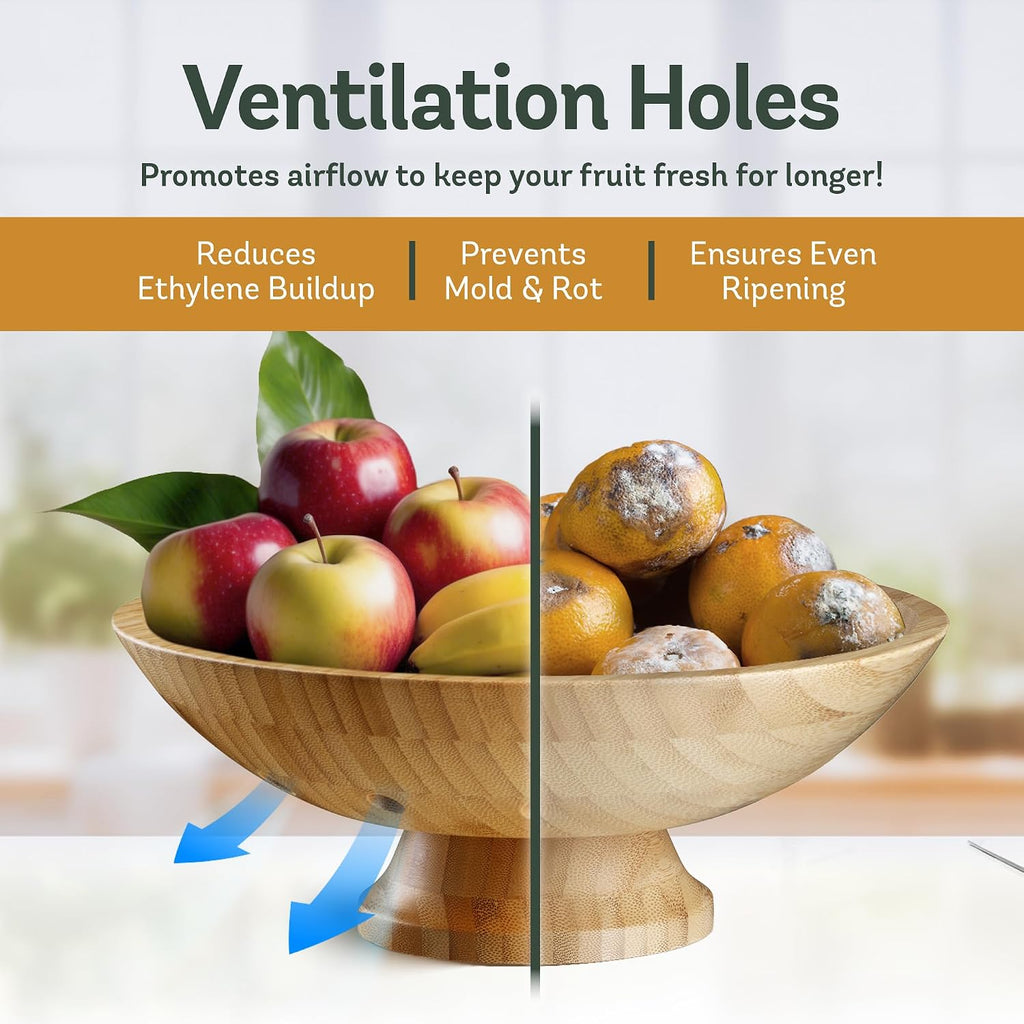 Wooden Fruit Bowl for Kitchen Counter, Bamboo Pedestal Fruit Basket, Vented