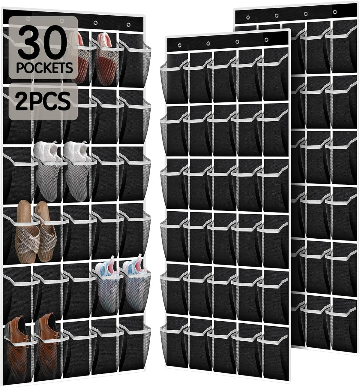 Over the Door Shoe Organizer with 30 Breathable Mesh Pockets (2PC-Black)