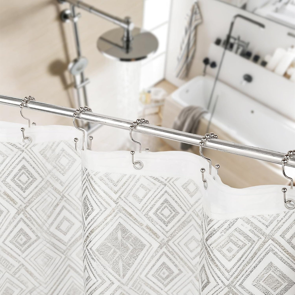 Resze 12 Pcs Shower Curtain Hooks,Metal Double Shower Curtain Rings, Nickel