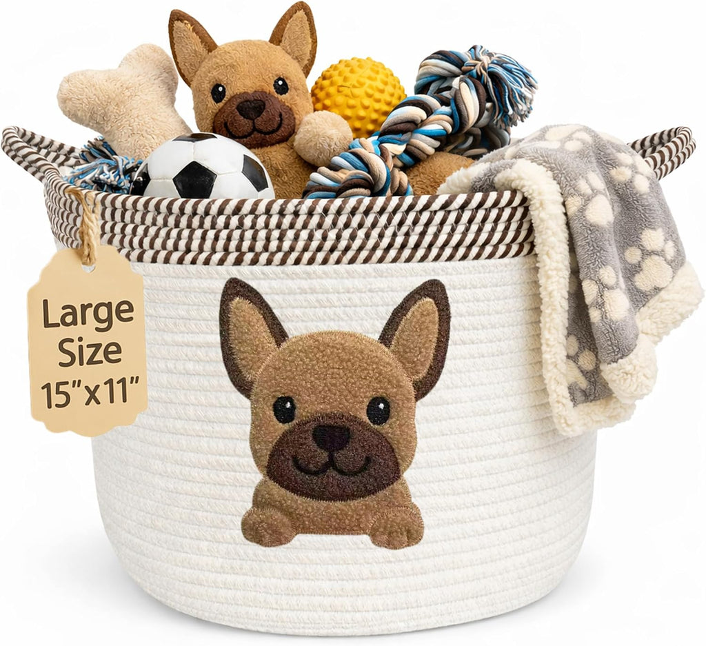 French Bulldog Dog Toy Basket, Pug and Boston Terrier, Cotton Rope Bin