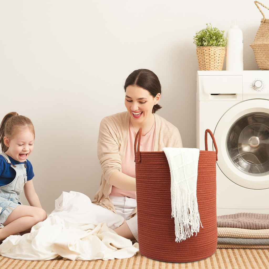 Woven Cotton Rope Laundry Basket, 15" x 20" Laundry Hamper, Rustic
