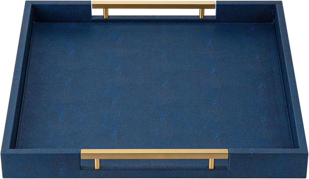 Navy Blue Faux Leather Large Square Decorative Serving Tray with Handles – for Coffee Table, Ottoman, Living Room, Bathroom & Home Decor