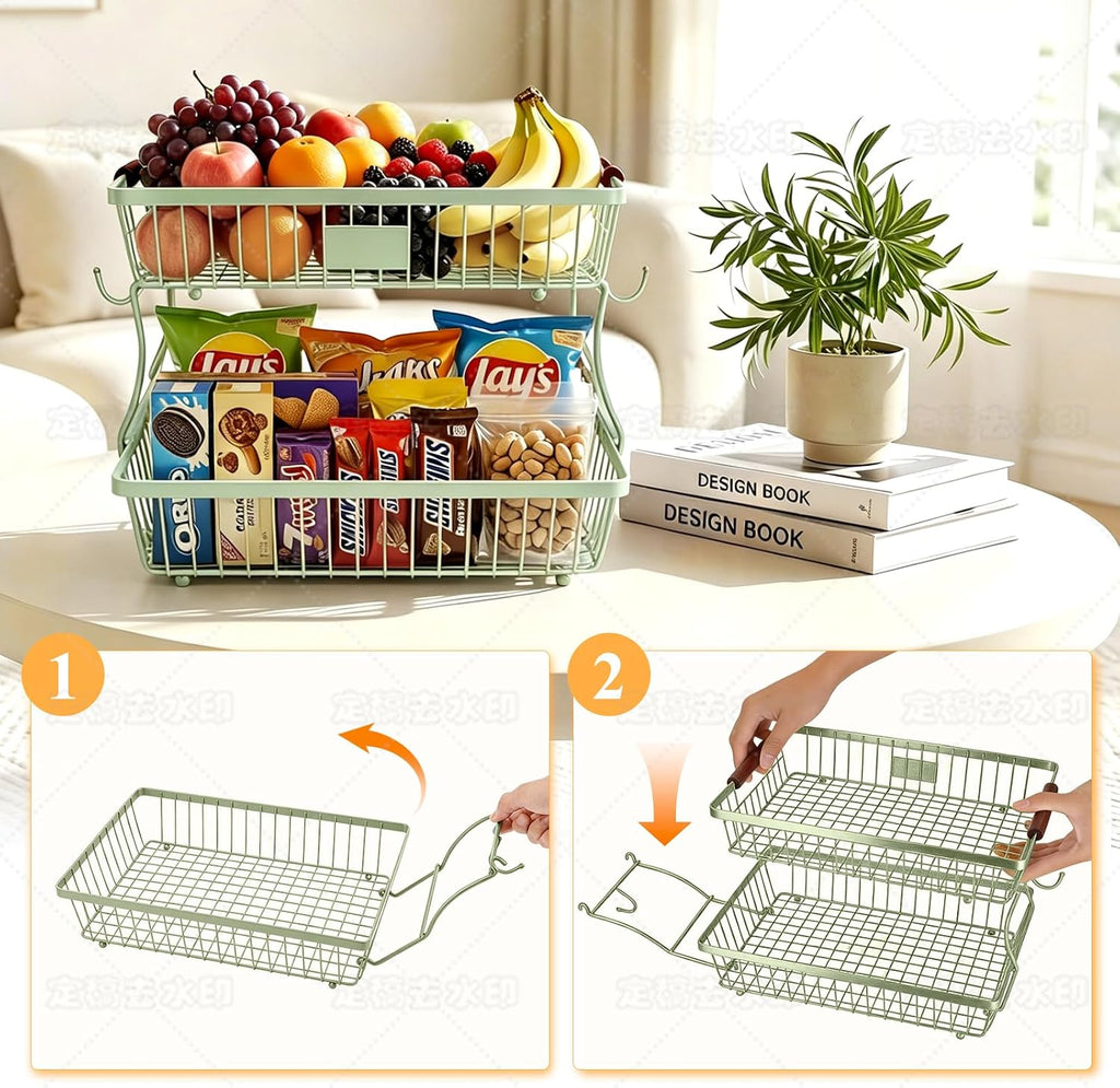2-Tier Stackable Wire Basket with 2 Banana Hooks, Pantry Organizer for Kitchen Countertops, Cabinets & Under-Sink Spaces; Ideal for Storing Snacks, Fruits, Veggies, Onions, Potatoes, & More,Green
