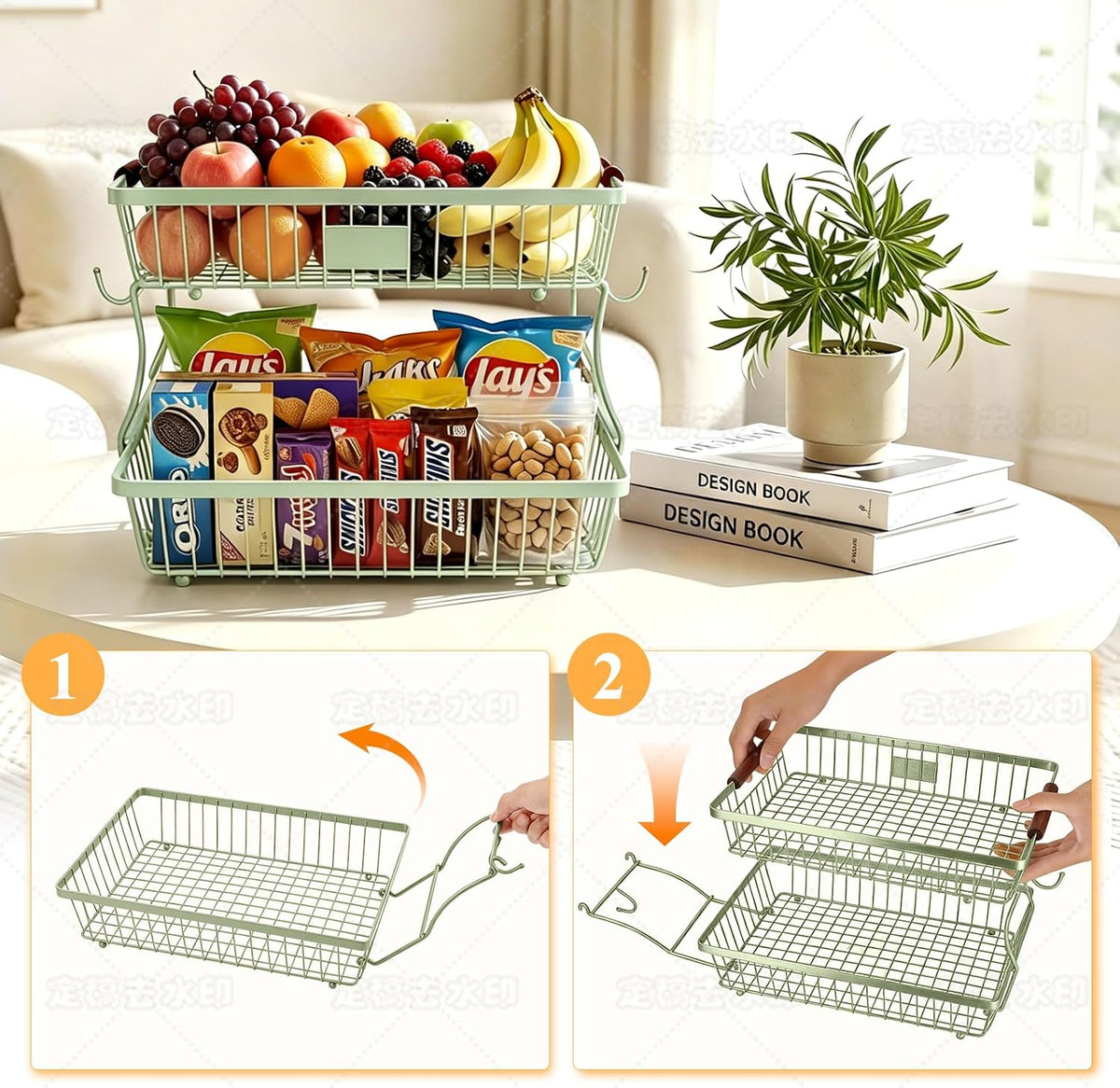 2-Tier Stackable Wire Basket with 2 Banana Hooks, Pantry Organizer for Kitchen Countertops, Cabinets & Under-Sink Spaces; Ideal for Storing Snacks, Fruits, Veggies, Onions, Potatoes, & More,Green