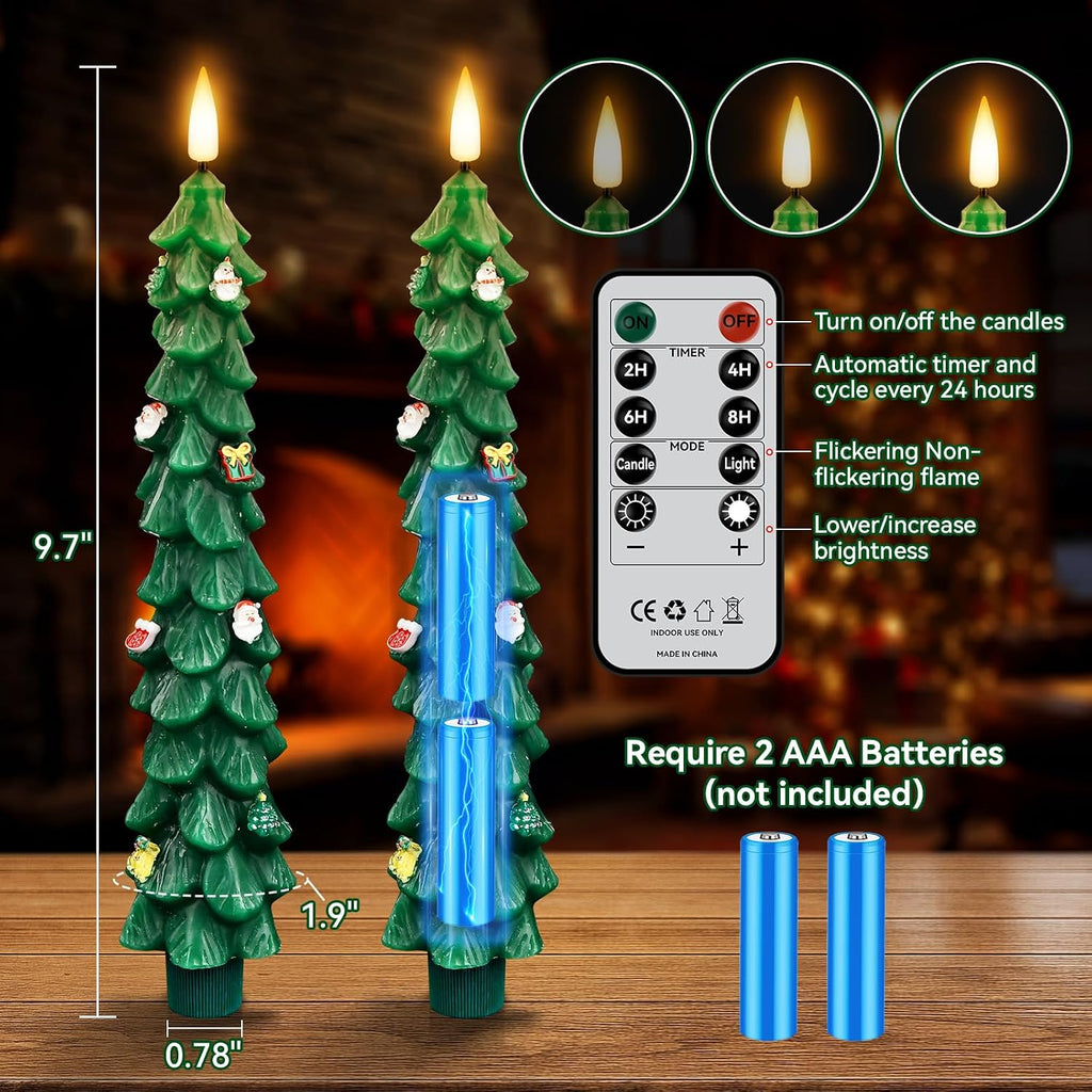 Flameless Christmas Tree Candles with Remote, 4 Pack 9.8” LED Battery Operated Taper Candles, Green 3D Sticker Flickering Candlesticks for Holiday Home Decoration