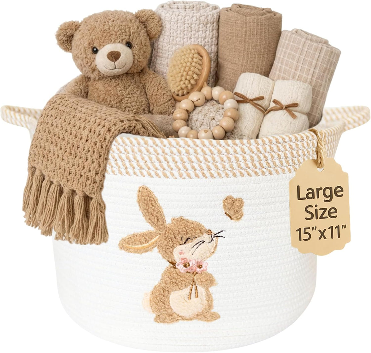 Bunny Baby Storage Basket, Woven Cotton Rope Nursery Bin, 15x11 in