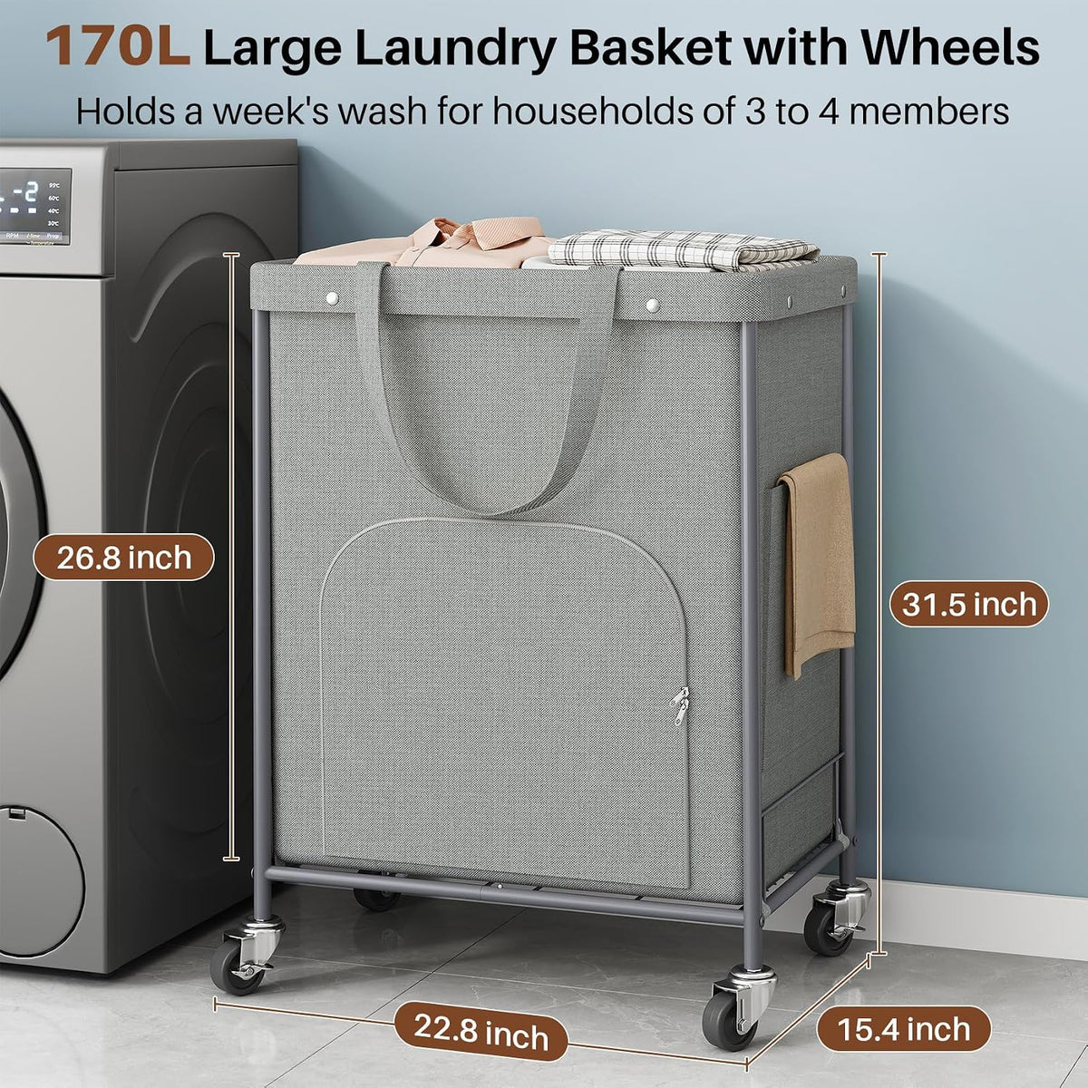 170L Large Laundry Basket with Wheels, Rolling Laundry Hamper Easy Access Clothing Minimizes Bending, Laundry Cart with 4 Silent Casters & Removable Bag for Bedroom, Bathroom, Laundry Room, Gray