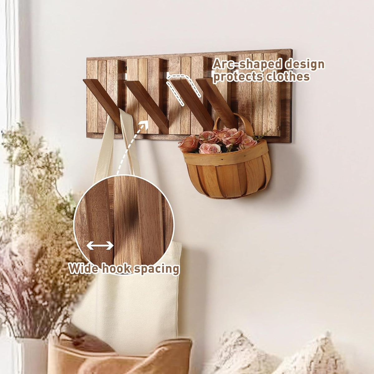 Wall Coat Rack for Entryway: Folding Wood Rustic 8 Hooks