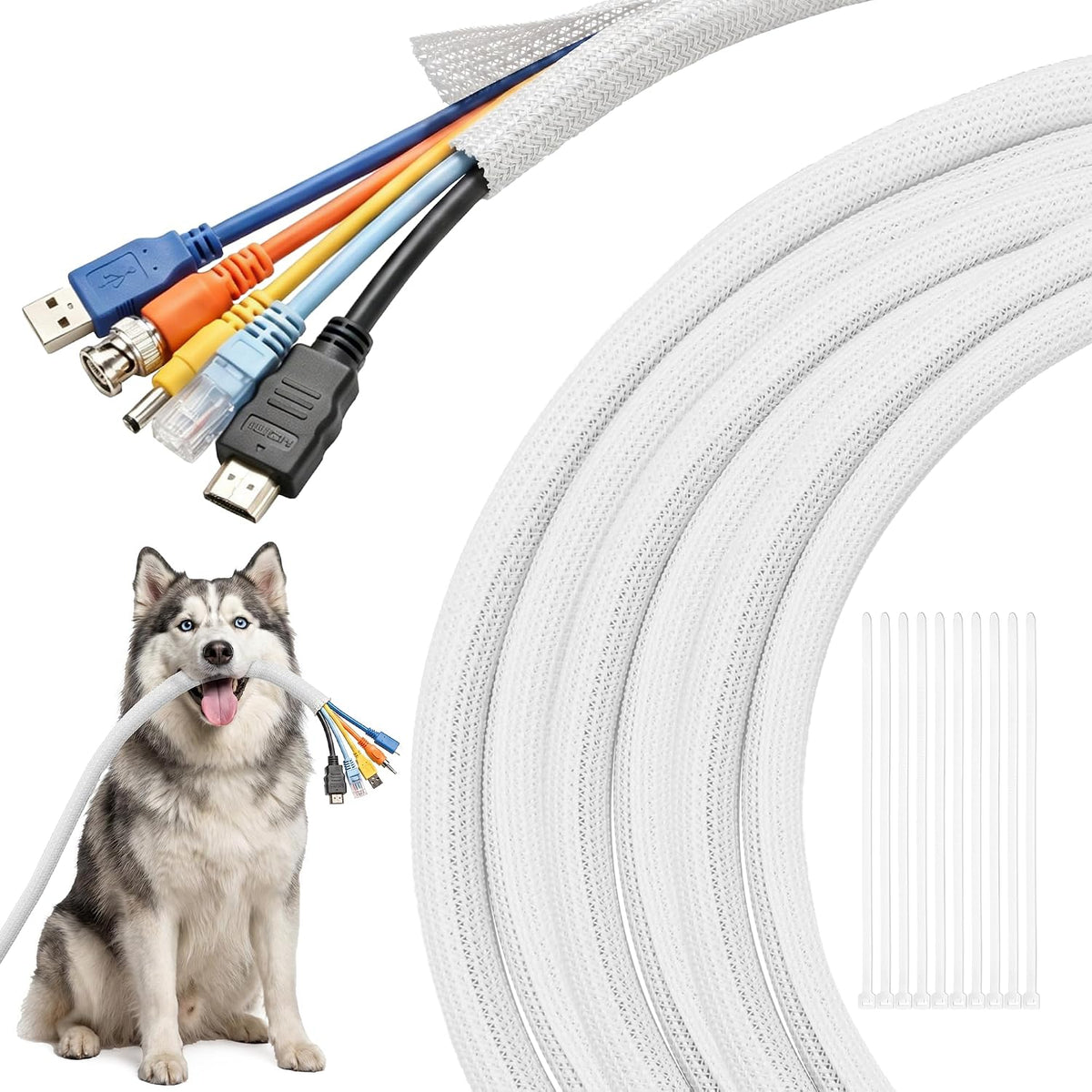 Delamu 30ft - 1/2 inch Cable Sleeve Cord Protector from Pets No Chew, Split-Braided PVC Wire Loom Tubing for Desk Computer USB TV Cord Organizer, Easy Set-up Cable Management Sleeve Kit, White