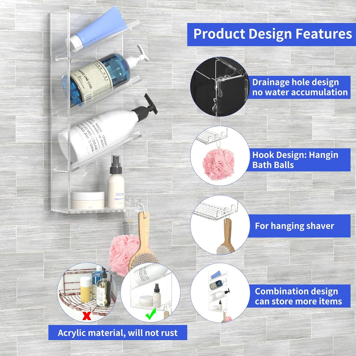 AITEE Acrylic Bathroom Organizer Caddy Shampoo Holder Right Inclined