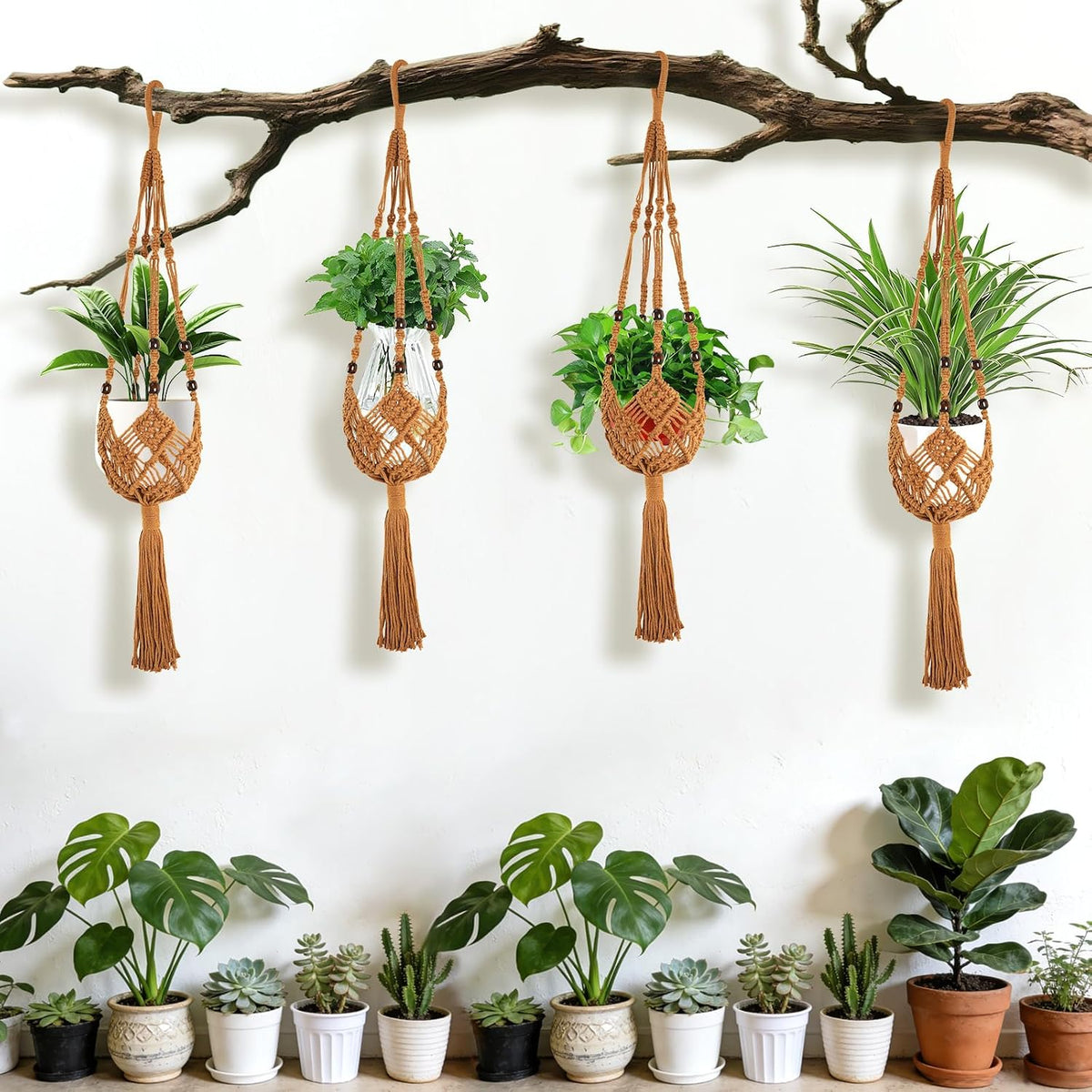 Augshy Jute Crochet Macrame Plant Hangers with Hooks, 2 Pack Hanging Holder