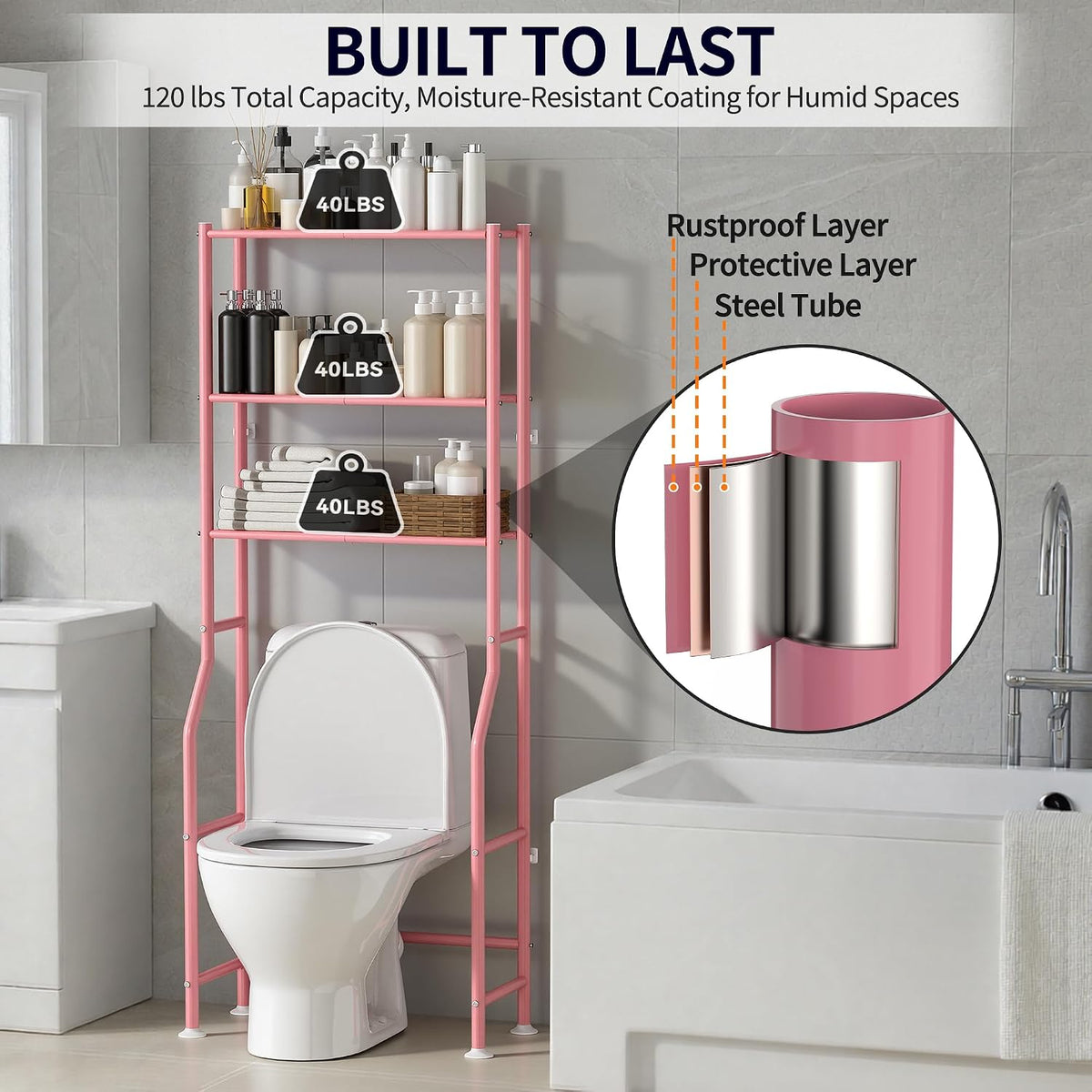 3-Tier Over Toilet Storage Cabinet, No Drilling, 64" H, Pink