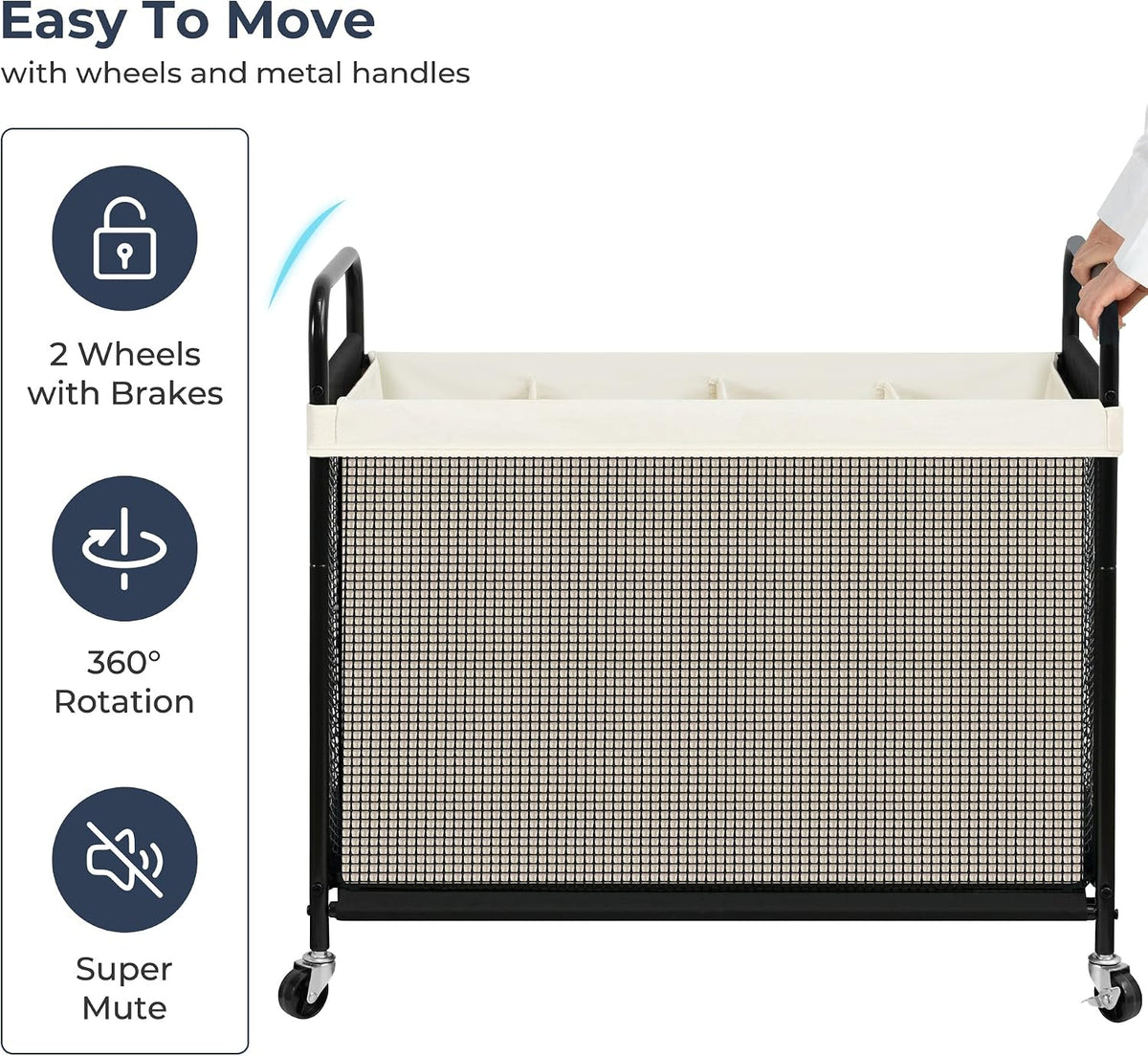 STO STO Laundry Hamper 4 Section, 140L Rolling Laundry Sorter Cart with Removable and Washable Liner Bag, Clothes Hamper with Wheels and Metal Handle for Laundry Room and Bedroom, Beige