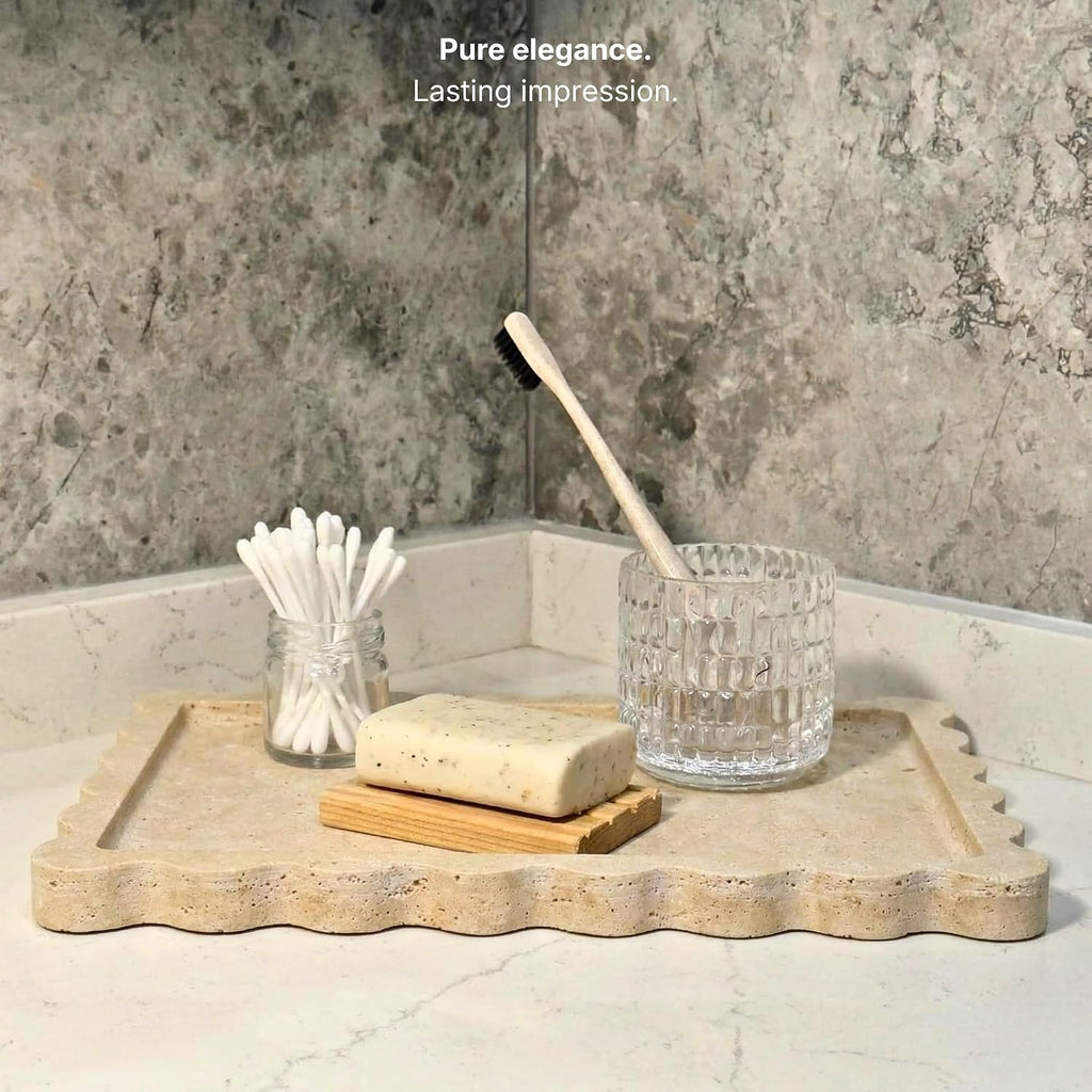 Scalloped Travertine Tray, Elegant Decorative Natural Marble Tray for Vanity, Bathroom, Kitchen and Home Decor, Pure Natural Stone, Premium Packaging, Large (12"x 8")