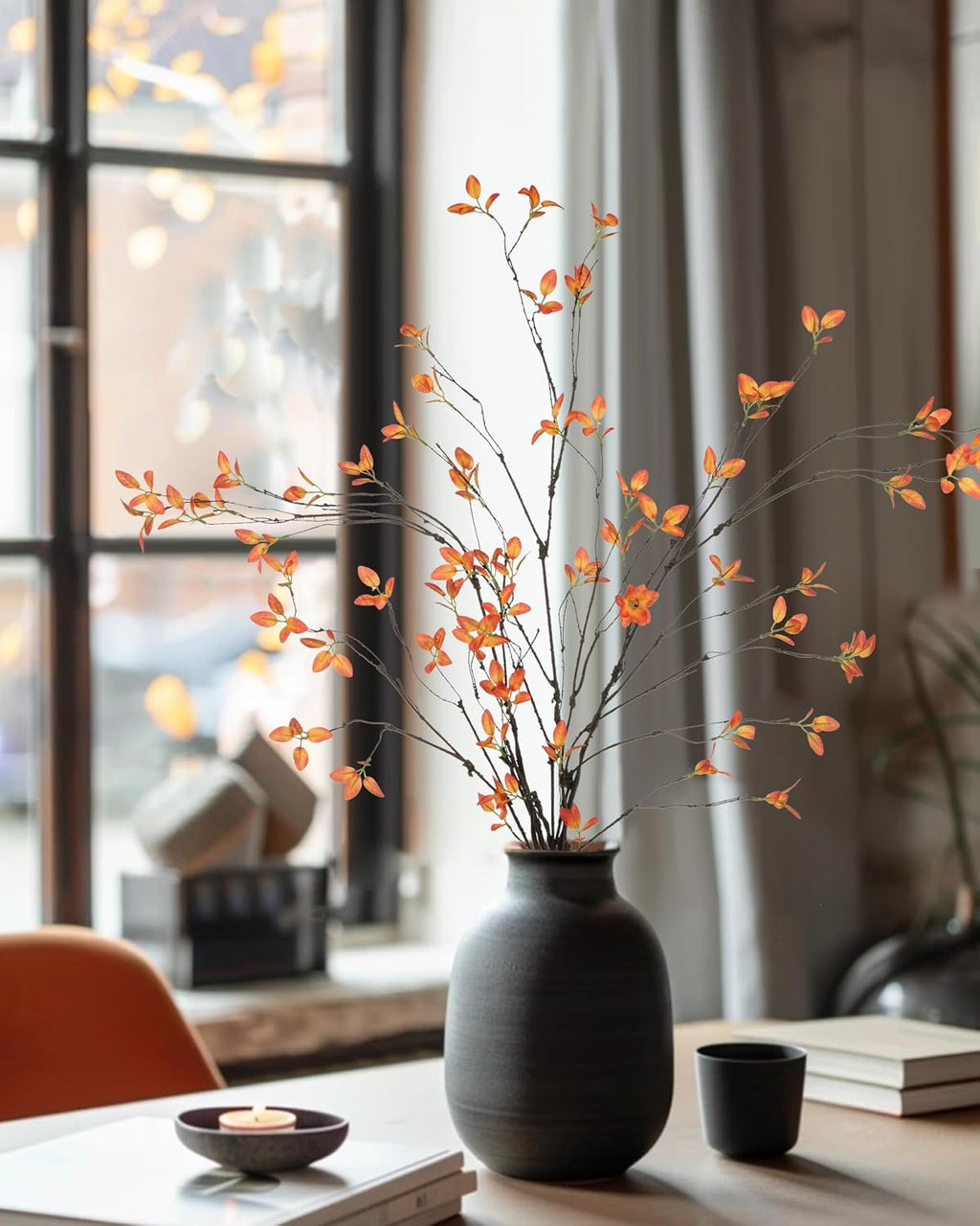 5pcs Artificial Ficus Branches Fall Faux Eucalyptus Stems,Orange