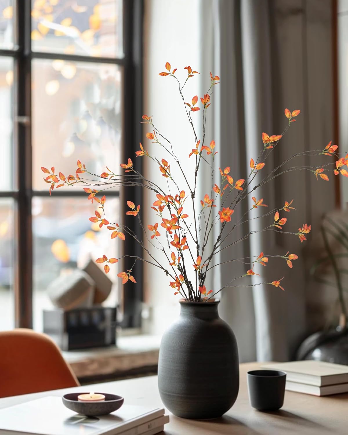 5pcs Artificial Ficus Branches Fall Faux Eucalyptus Stems,Orange