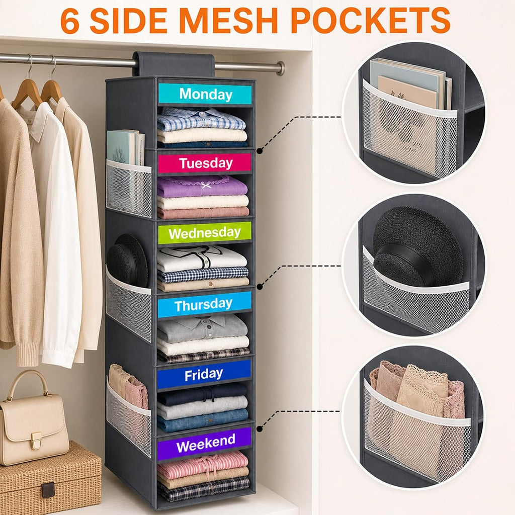 6-Shelf Weekly Clothes Organizer for Kids Days of The Week Outfit(Grey)